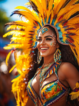 Brazilian carnival dancer in a vibrant feathered costume, radiating joy and energy, adorned with colorful beads in bright sunlight. Generative AI