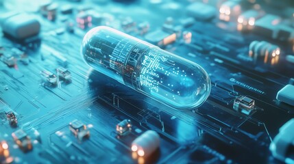  a high tech pill of a drug on a high-tech computer circuit, scene in light blue.