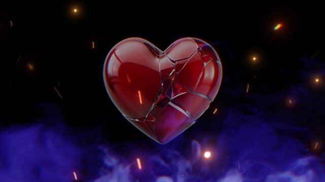 Broken heart animation with motion graphic clip template with smoke and fire spark. HD resolution with hyper realistic 4K Background.