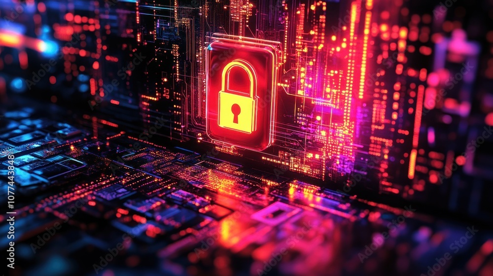 Poster a glowing padlock icon floating above a circuit board, representing cybersecurity.