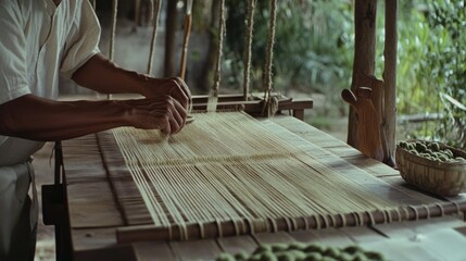 A craftsman deftly weaves thin strands in a rustic setting, reflecting traditional techniques and dedication to artisanal craftsmanship.