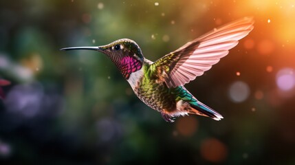 Fototapeta premium Hummingbird in Flight, a Burst of Color Against a Blurred Background