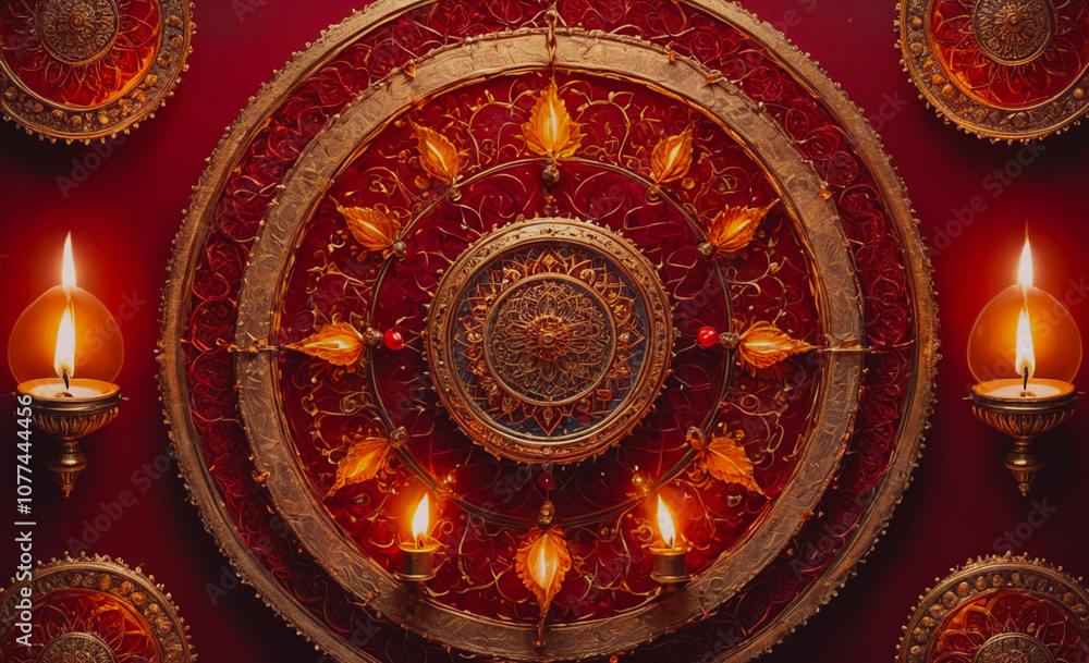 Poster gold and red circle with a gold and red design