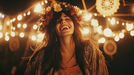 Fototapeta premium A woman adorned with a floral crown laughs freely under string lights, exuding warmth and joy in a whimsical, bohemian setting.