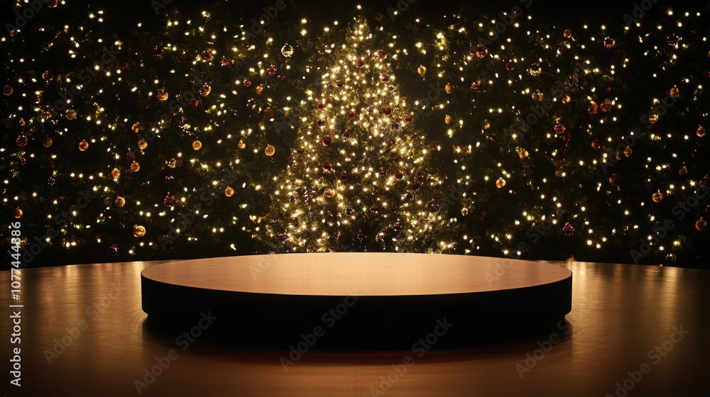 Aufkleber A stage is set with a circular platform surrounded by a backdrop of twinkling lights and a beautifully lit Christmas tree. The decorations create a warm and joyful ambiance for holiday festivities.