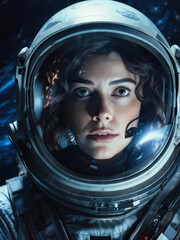 Portrait of a female astronaut with her visor up, revealing a focused gaze against a cosmic space background, capturing bravery and exploration. Generative AI