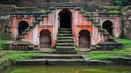 Fototapeta premium Ancient stepped well with arched entrances and a reflecting pool in front.