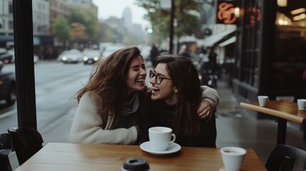 Two friends share a laugh over coffee at a city caf&eacute;, with bustling streets and an urbane ambiance enveloping their joyous moment.