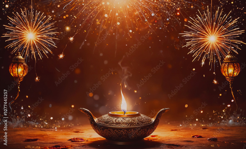 Poster lit candle in a gold lantern sits on a table