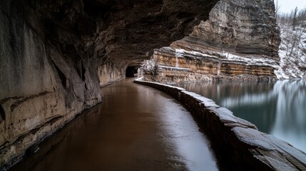 A tranquil lakeside path carved through rocky cliffs, dusted with snow, invites peaceful reflection and the allure of nature's untouched beauty.