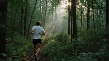 A lone runner moves swiftly through a sun-dappled forest trail, embodying freedom and vitality in nature's embrace.