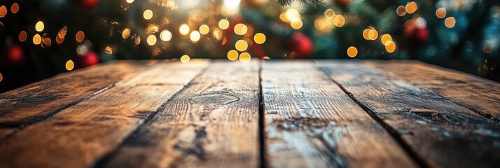 festive table setting, a cheerful, blurred backdrop sets the stage on a blank wooden table, inviting a tranquil setting for holiday cheer