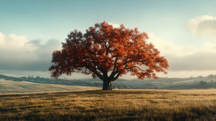 A magnificent oak stands alone on a sunlit hill, its fiery autumn leaves releasing vibrant hues across a tranquil countryside.