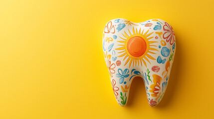 Sun patterns engraved on porcelain teeth isolated yellow background.