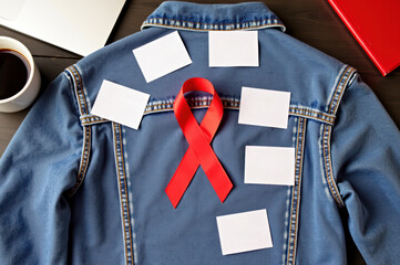 World aids day awareness: red ribbon on denim jacket with blank cards for messages