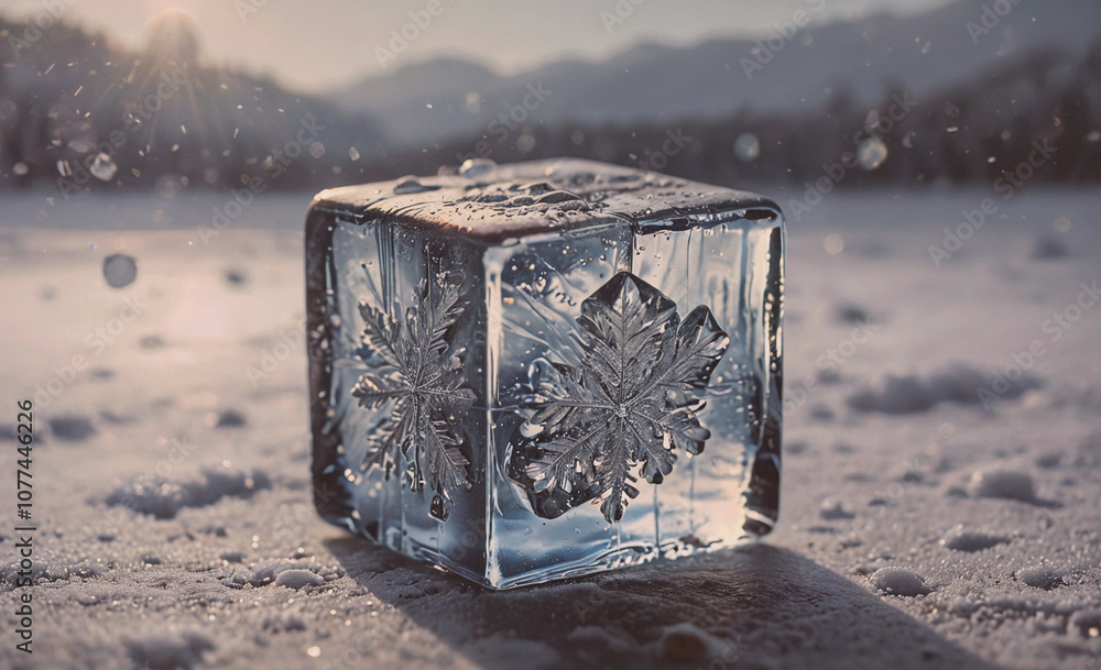 Poster Cube of ice with snowflakes on it