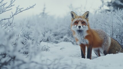 A lone fox stands in a frosty landscape, its striking orange fur contrasting with the cold, wintry scene of snow-draped branches and pale skies.