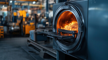 Industrial furnace with open chamber showcasing intense fire and glowing heat in a factory setting with machinery in the background.