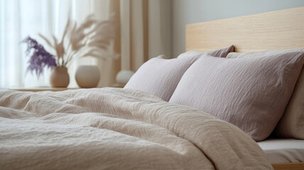 Softly lit bed with neutral-toned bedding
