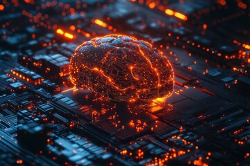 A glowing, abstract brain made of circuits sits on a complex motherboard.