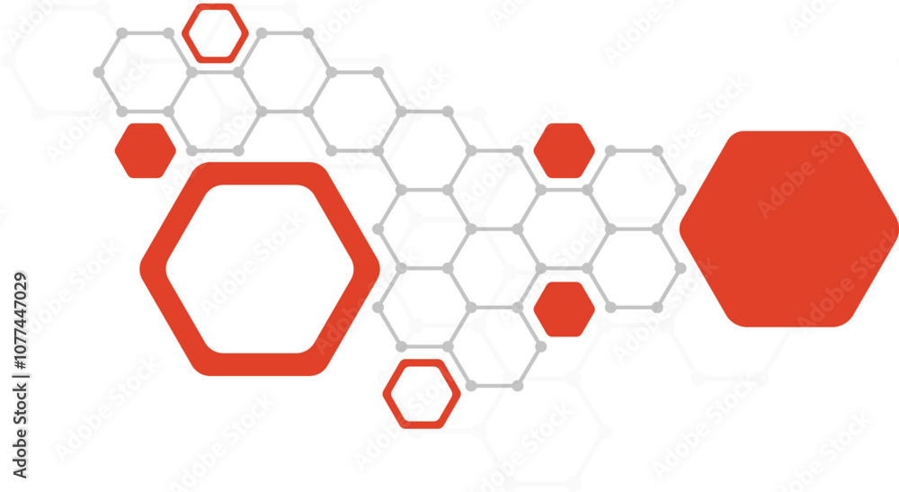 Poster geometric composition of red and gray hexagons forming dynamic pattern on white background for techn