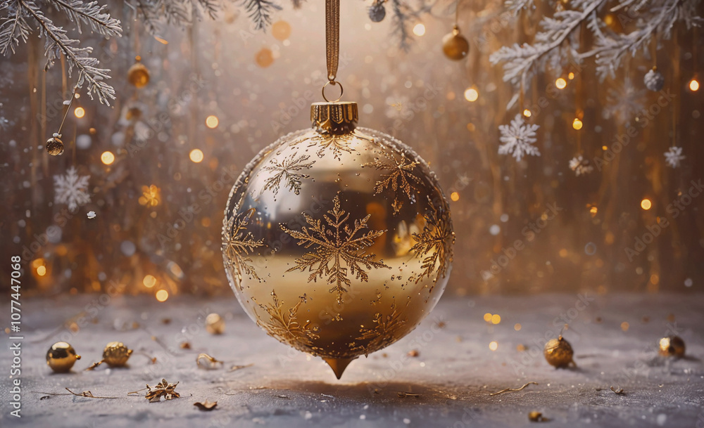Poster gold ornament with snowflakes on it is hanging from a tree