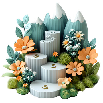 A dynamic 3D cartoon rendering of a growing graph with money symbol, set in a virtual world against a white background.