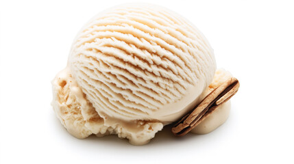 Close-up of a single scoop of creamy vanilla ice cream with a crunchy biscuit on a white background
