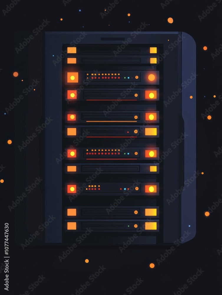 Poster A network of servers features blinking lights, indicating active processes in a dimly lit data center, emphasizing busy technology. Generative AI