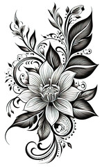 vector illustration, coloring, collage with graceful patterns and ornaments, vegetation and flowers, Arabic style, tattoo, tattoo template