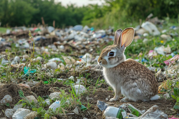 Fototapeta premium A rabbit standing in forest with plastic bottles and other garbage around, Impact of pollution on wildlife, Fauna environmental science wildlife management, Pollution effects.