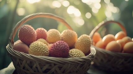 Baskets brimming with vibrant, spiky fruits, showcased in natural sunlight, emphasize a diverse and abundant harvest.