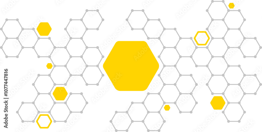 Poster abstract background. technological hexagonal yellow-grey pattern balanced in the centre of a white c