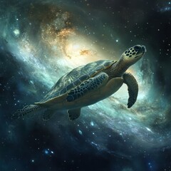 Obraz premium Sea turtle swimming in a galaxy of stars.