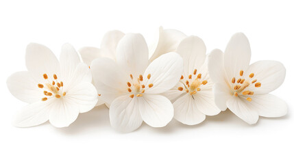 Fototapeta premium Close-up of five white cherry blossoms with orange stamens isolated on a white background.