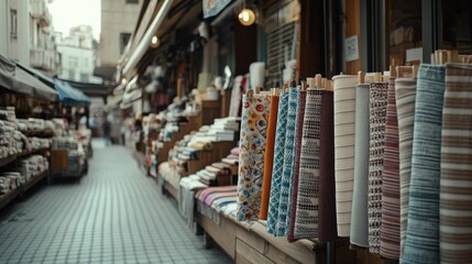 Obraz premium A vibrant marketplace alley showcases an array of colorful textiles, inviting passersby to explore the vivid tapestry of local crafts.
