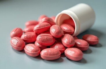 Overturned white medicine bottle with pink pills or tablets, spilled out onto a gray background, close-up