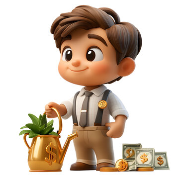 An engaging 3D cartoon visualization of a businessman tending to a plant covered in dollar signs, against a white background.