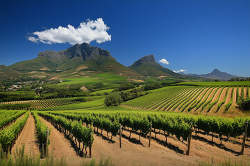 Fototapeta premium A picturesque vineyard stretches towards rolling hills under a partly cloudy sky, showcasing the lush green vines and scenic agricultural landscape