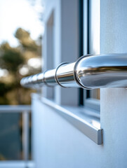 Modern stainless steel handrail on a building exterior.
