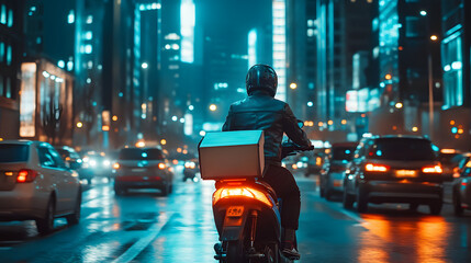 A food delivery scooter weaving through busy city traffic with tall buildings and bright lights in the background.
