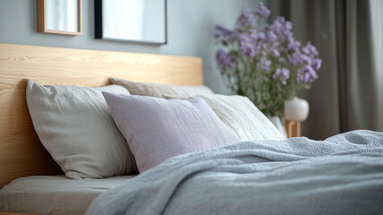 Fototapeta premium Cozy bed with pillows and lavender flowers in bedroom.