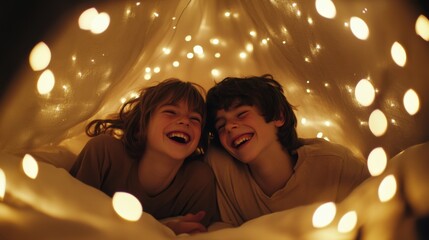 Giggling children embrace joy and wonder under twinkling lights in a magical hideaway.