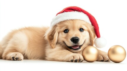 Adorable golden retriever puppy in santa hat with festive ornaments