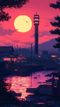 Serene Sunset Reflection Over River and Mountain Village with Silhouette Tower at Dusk