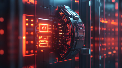 Obraz premium A futuristic digital vault with layers of locks and glowing security icons symbolizing top-level data protection.