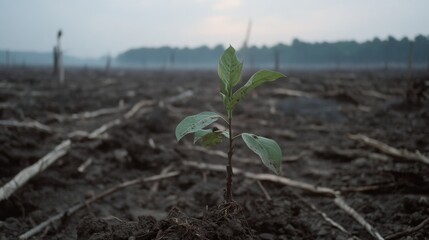 A vibrant green sapling emerges resiliently from barren earth, symbolizing hope and renewal in a recovering landscape.