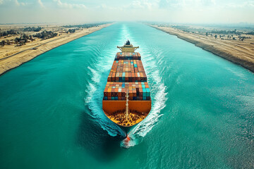 Container Ship Navigating Suez Canal with Cargo Load