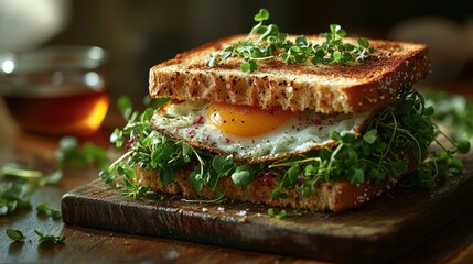 Toasted bread with fried egg, microgreens, and a drizzle of honey.