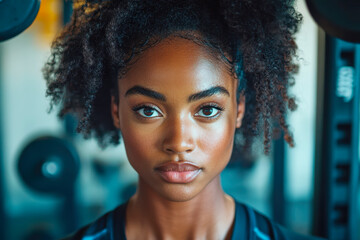 Close-up portrait of an African American woman with curly hair, looking directly at the camera in a gym setting
